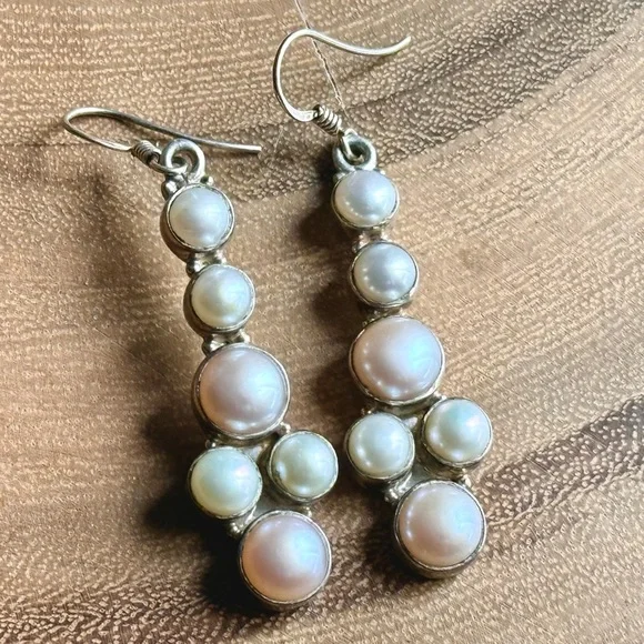 925 Sterling Silver Pearl Dangle Earrings - White & Pink Pearl Drop Artisan - Picture 2 of 7